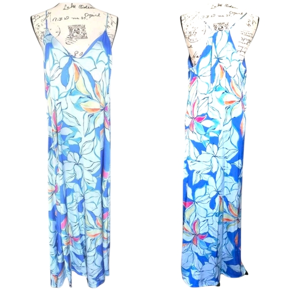 NWT Tahari ASL Floral Maxi DressMCobalt Blue MultiPocketsVacation